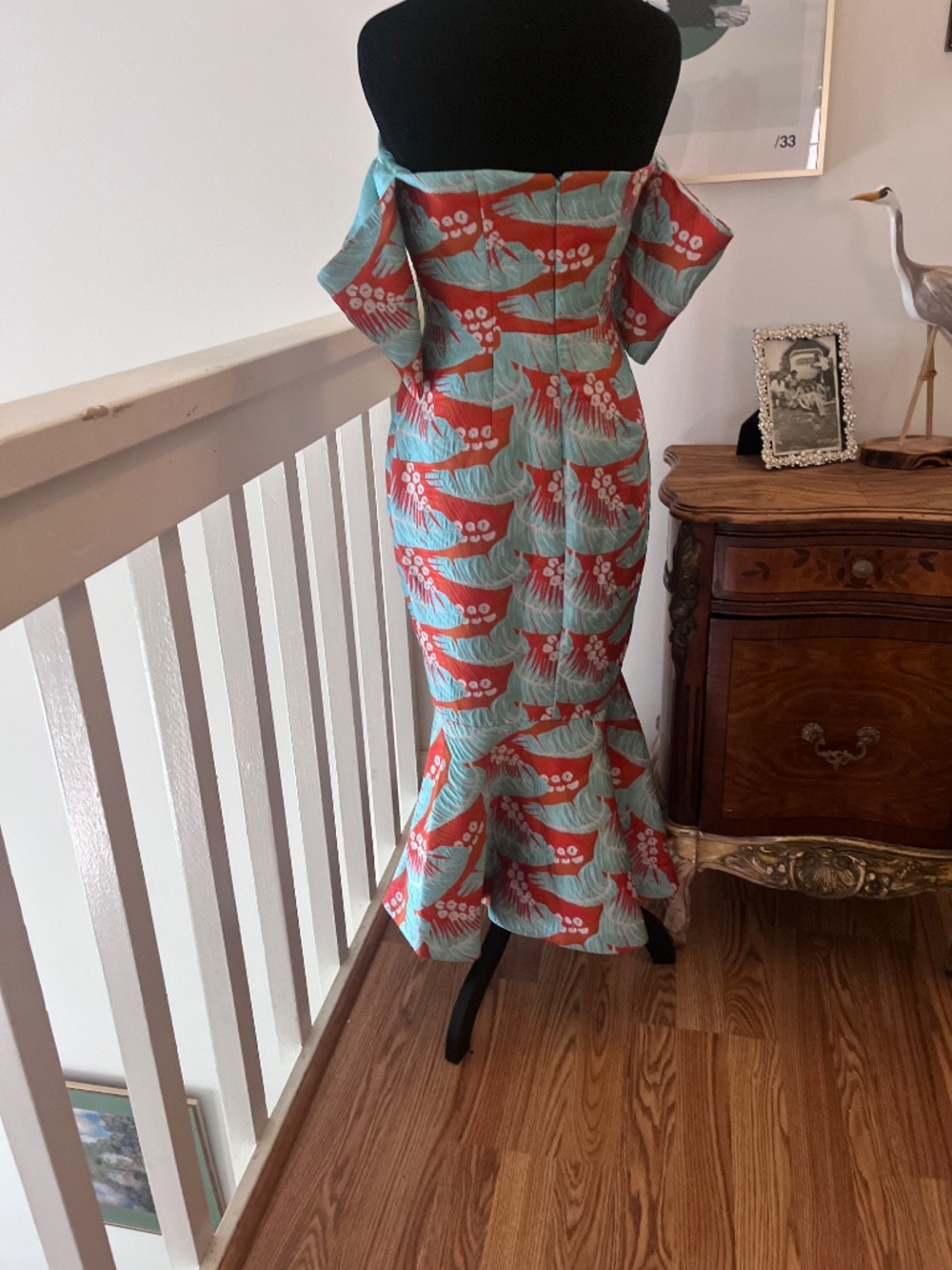 ASOS Tropical Leaf Jacquard Off Shoulder Mermaid Midi Dress Coral Turqoise Sz 4 - Picture 10 of 16